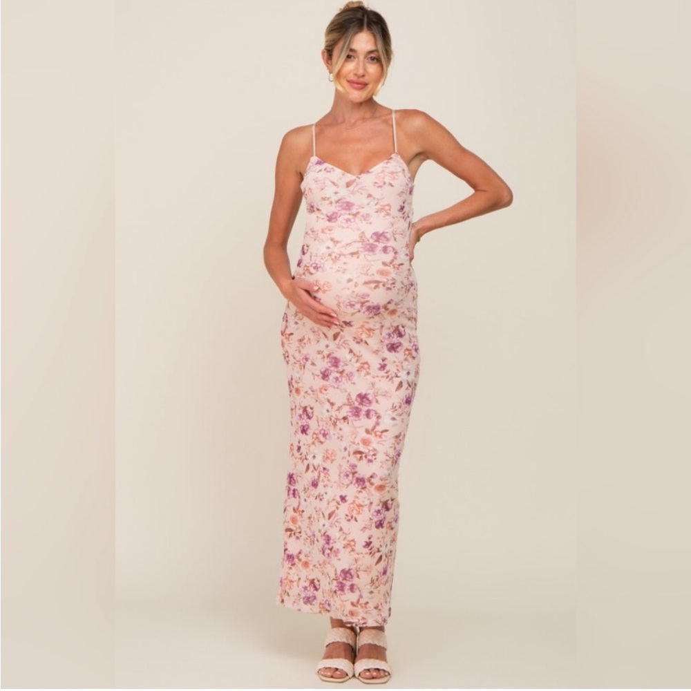 Pink Floral Mesh V-Neck Maternity Maxi Dress - L